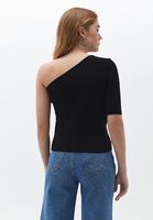 Women Black Short Sleeve Knitwear with Single Shoulder Detail