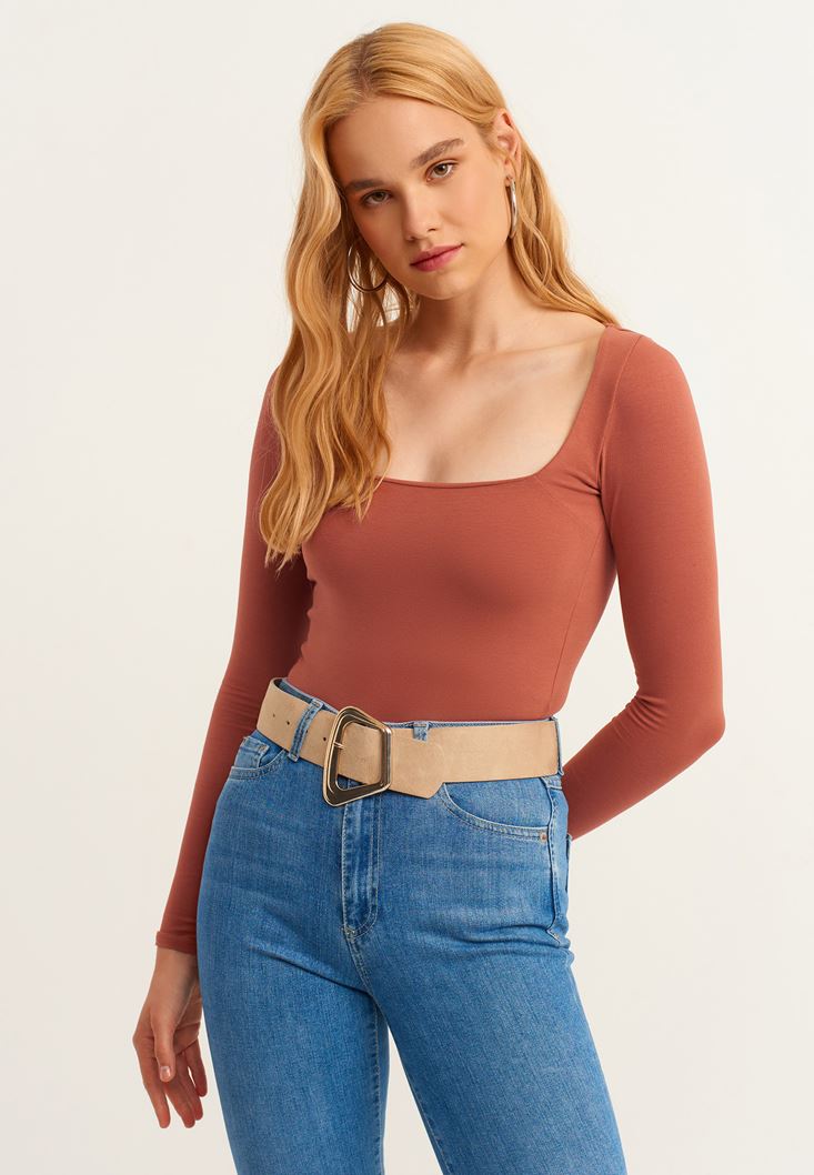 Women Orange Square neck Long Sleeved Tshirt