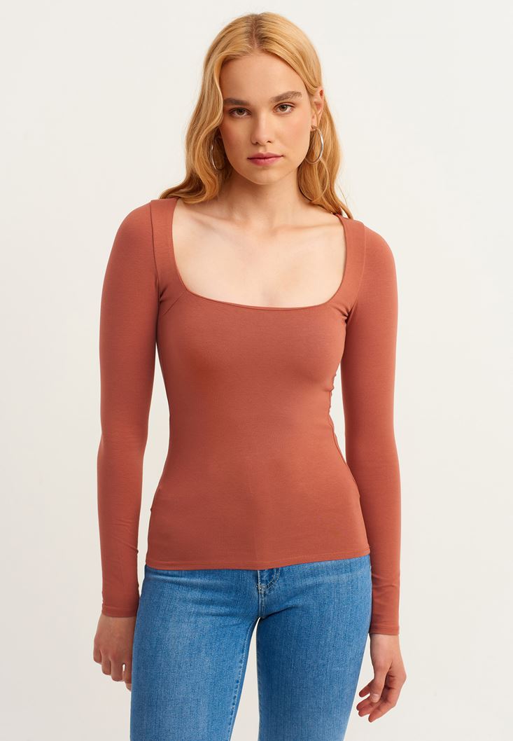 Women Orange Square neck Long Sleeved Tshirt