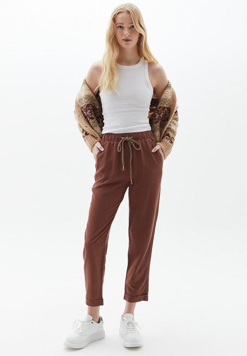Brown Carrot Fit Pants with Drawstring 
