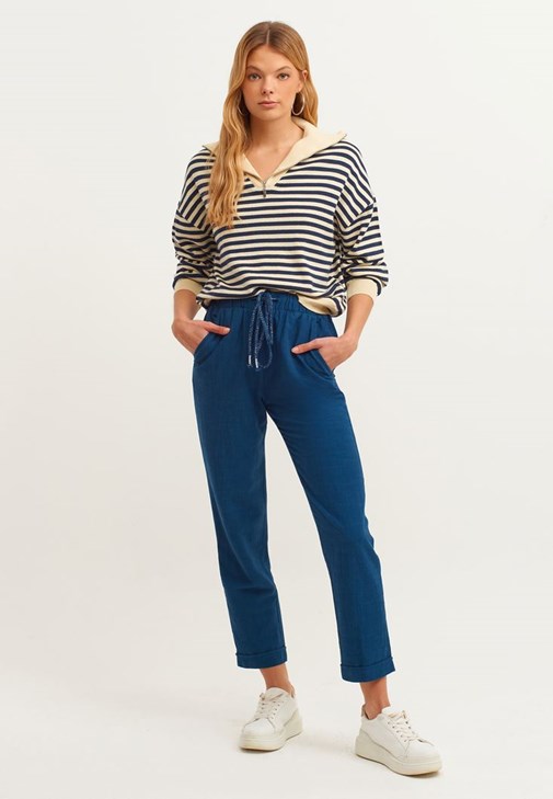 Navy Carrot Fit Pants with Drawstring 