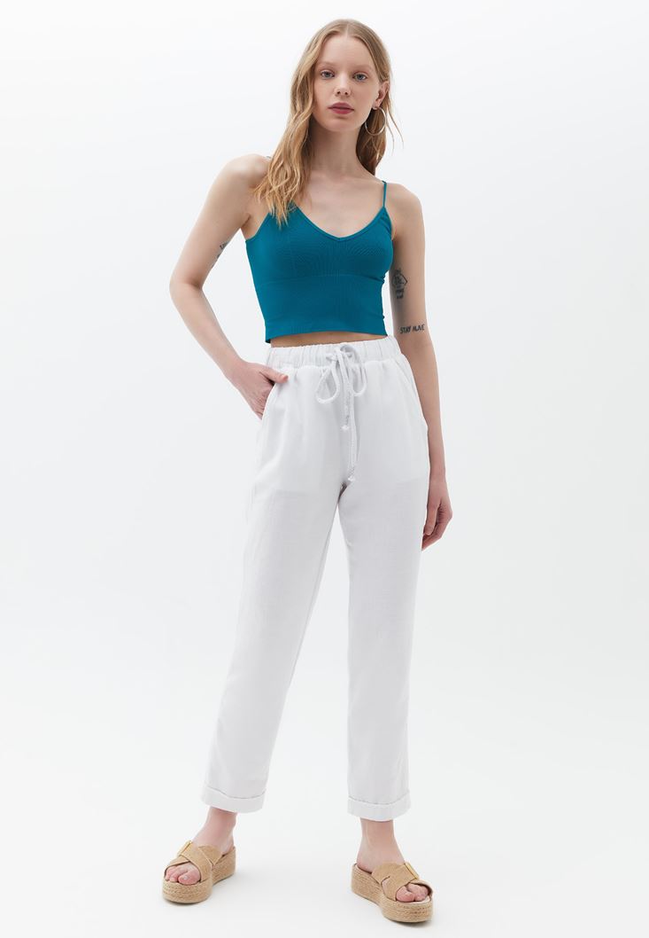 Women White Carrot Fit Pants with Drawstring
