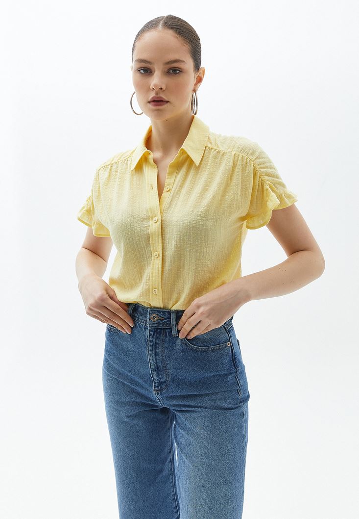 نساء أصفر قميص قطن بأكمام قصيرة