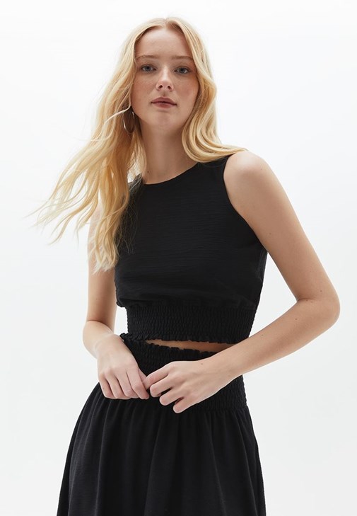 Black Crop Cut Blouse with Gippe Detail 