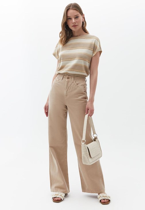 Çizgili Crop Bluz ve Wide-Leg Pantolon Kombini