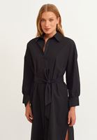 Bayan Siyah Loose-Fit Pamuklu Gömlek Elbise