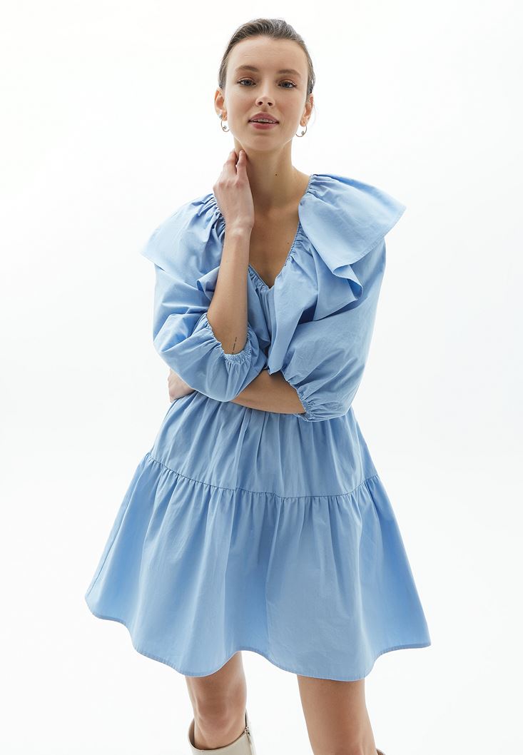 Women Blue Ruffle Collar Mini Dress