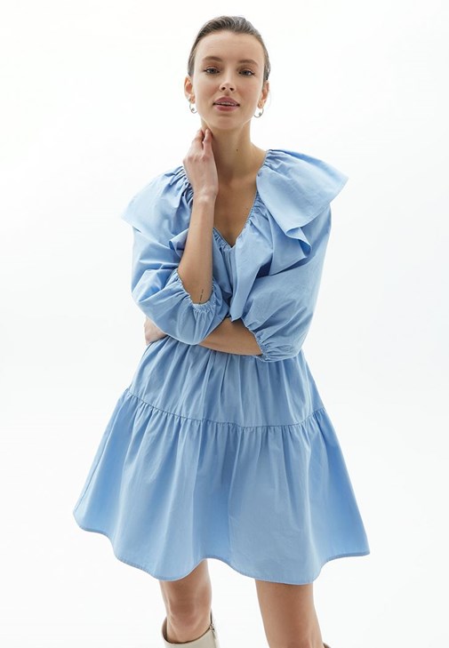 Blue Ruffle Collar Mini Dress 