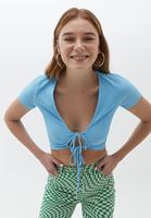 Women Blue Crop Cut Blouse with Twisted Knot Detail