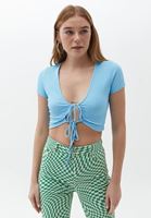 Women Blue Crop Cut Blouse with Twisted Knot Detail