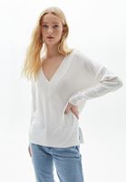 Women Cream V-neck Knitwear Sweater