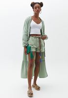 Women Green Button Closure Maxi Kimono