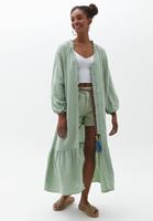 Women Green Button Closure Maxi Kimono