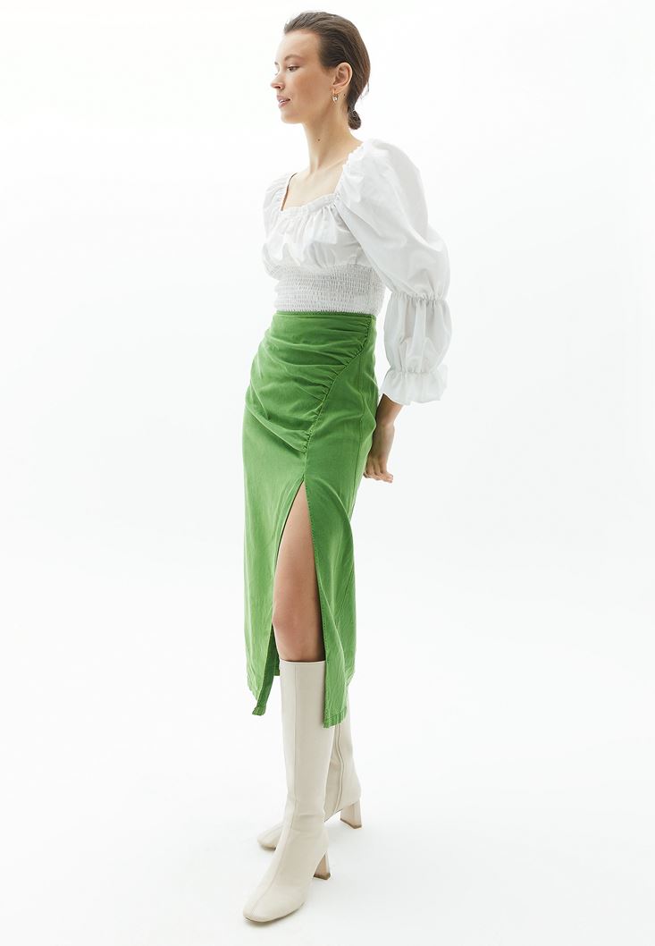 Women Green Slit Detailed Drape Skirt