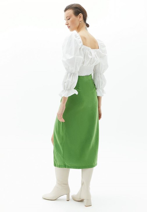 【BOHEMIAN SEOUL】25ss UNBALANCED DRAPE SKIRT Green Slit Detailed Drape Skirt Online Shopping | OXXOSHOP