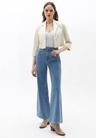 Bayan Bej Düğmeli Blazer Crop Ceket ( TENCEL™ )
