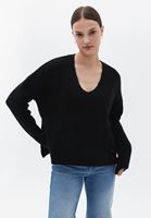 Women Black V-Neck Knitwear Sweater