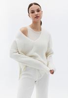 Women Cream V-Neck Knitwear Sweater