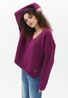 Women Purple V-Neck Knitwear Sweater