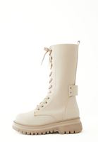 Women Beige Vegan Leather Boots with Laces