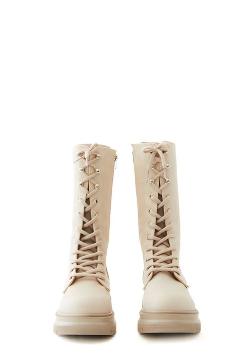 ブーツその他 OFF-WHITE LEATHER BOOTS WITH LACES AND LOGO Platform Heel White Combat Shoes for Women, Zipper and Lace
