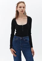 Women Black Crop Tshirt with Snap Fastener Detail