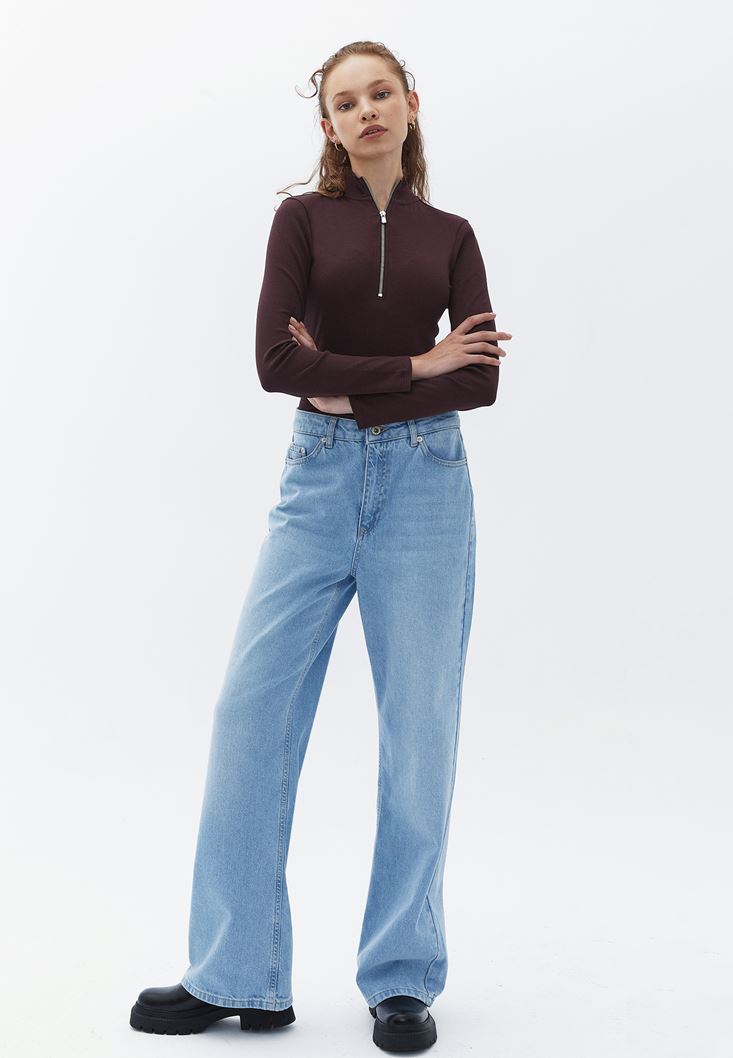 Women Bordeaux Cotton Tshirt with Zipper Detail