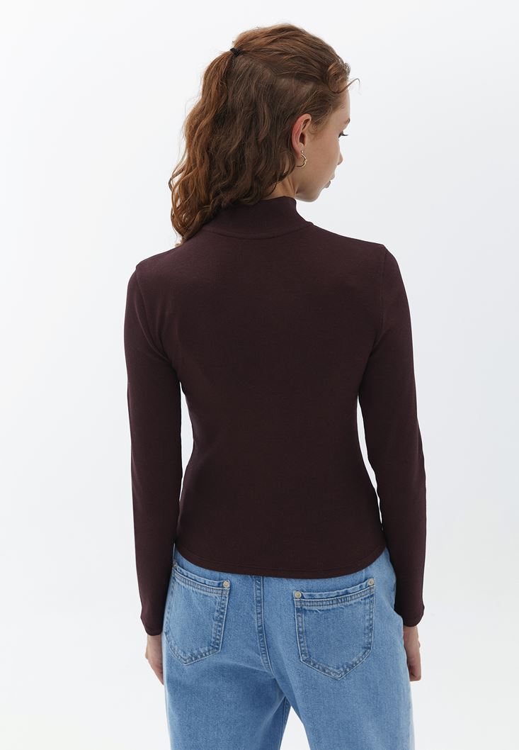 Women Bordeaux Cotton Tshirt with Zipper Detail