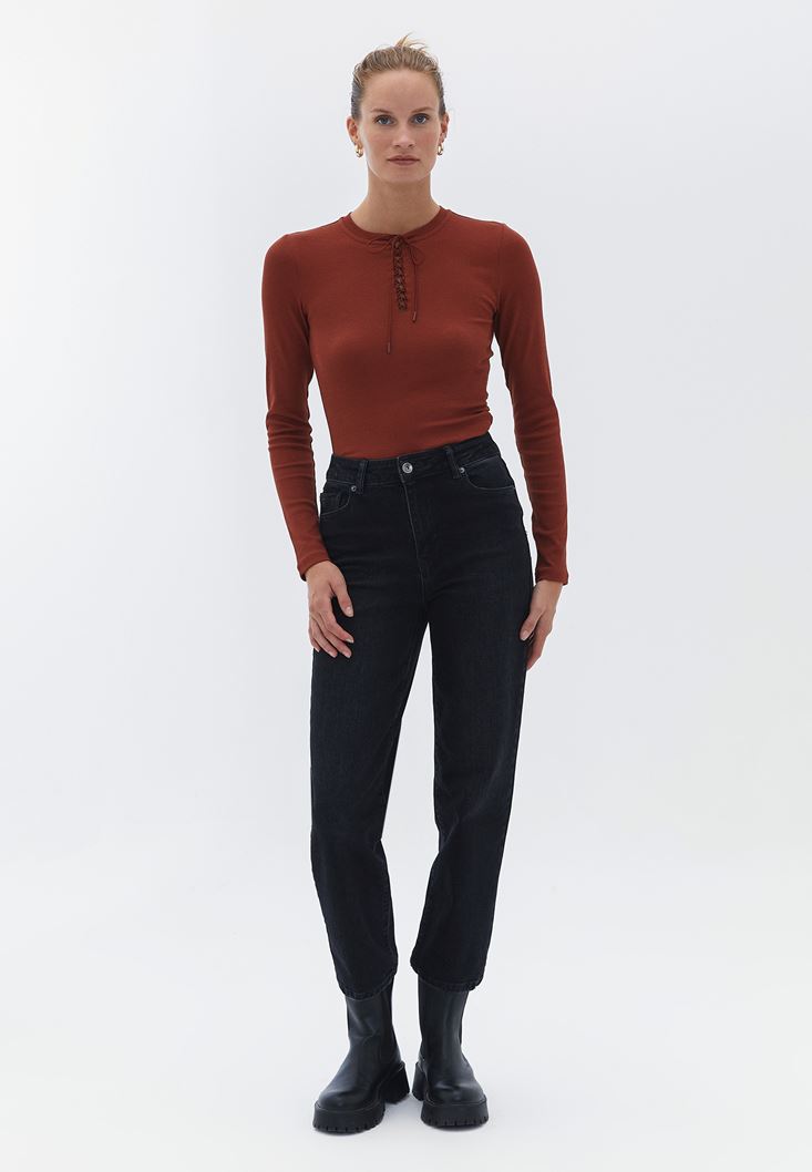 Women Brown Tshirt with Tie-up Detail