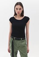 Women Black Cotton Boat Neck Tshirt