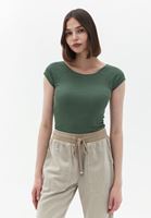 Women Khaki Cotton Boat Neck Tshirt