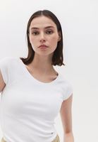 Women White Cotton Boat Neck Tshirt