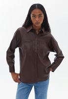 Women Brown Vegan Leather Shirt Jacket