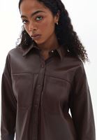 Women Brown Vegan Leather Shirt Jacket