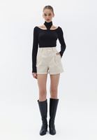 Women Beige High Rise Vegan Leather Shorts