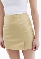 Women Beige Vegan Leather Skirt with Slit Detail