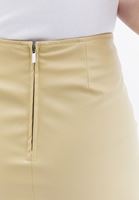 Women Beige Vegan Leather Skirt with Slit Detail