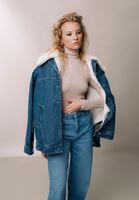 Women Blue Denim Jacket with Vegan Fur Detail