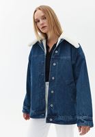 Women Blue Denim Jacket with Vegan Fur Detail