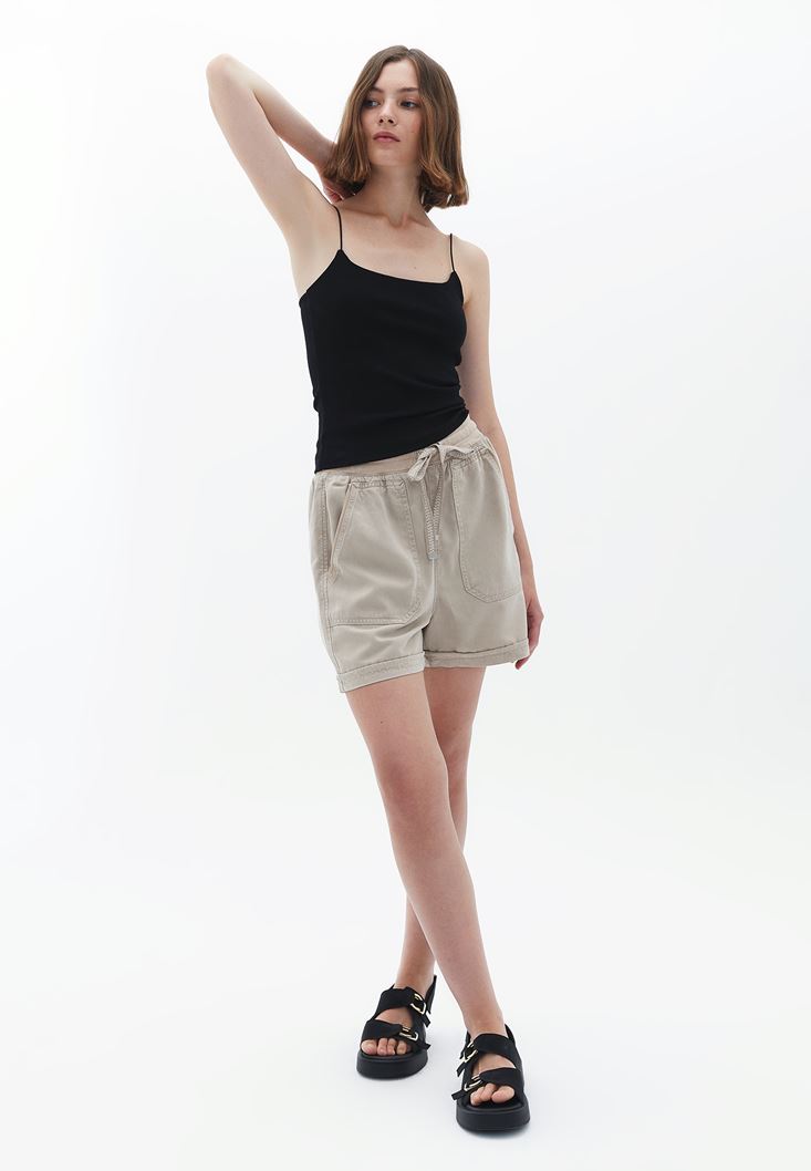 Women Beige Mini Shorts with Waist Detail