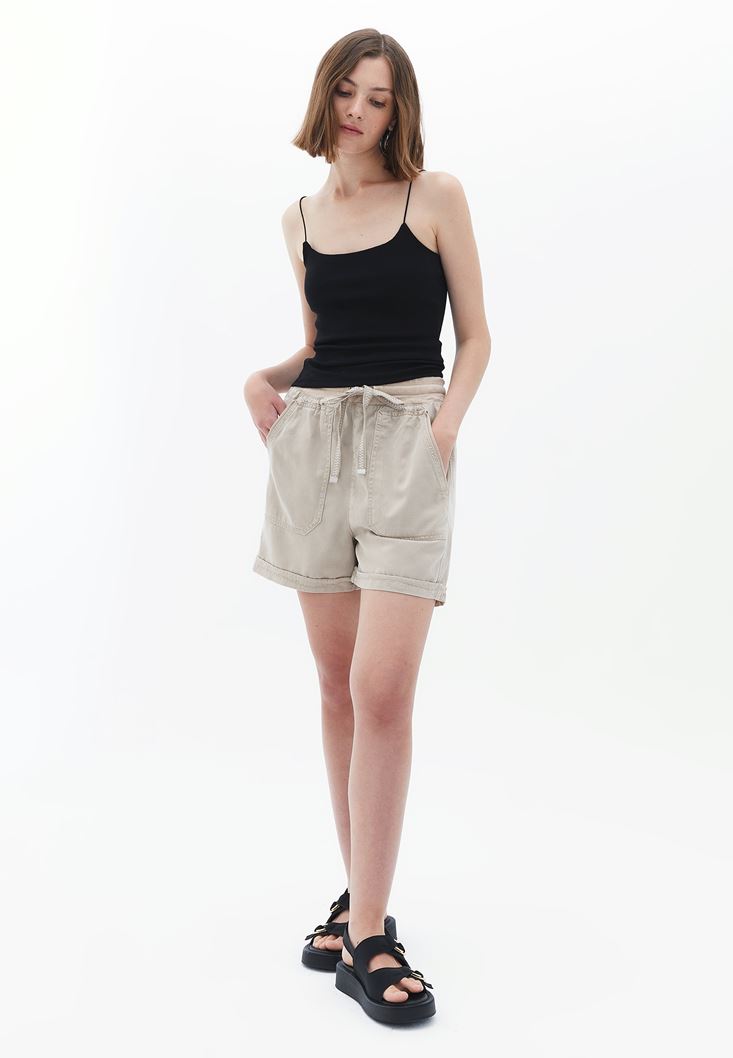 Women Beige Mini Shorts with Waist Detail