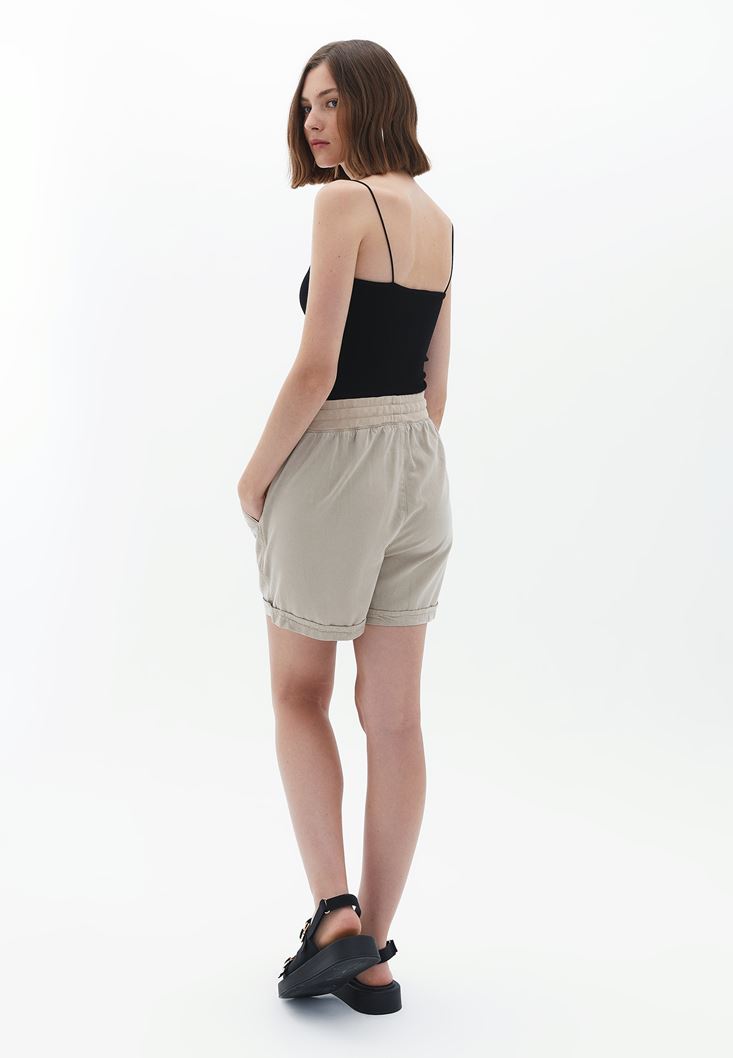 Women Beige Mini Shorts with Waist Detail