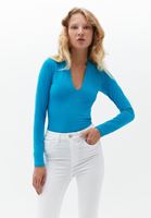 Women Blue Cotton V-Neck Tshirt