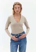 Women Beige Cotton V-Neck Tshirt