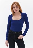 Women Blue Square Neck Tshirt with Long Sleeves