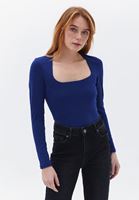 Women Blue Square Neck Tshirt with Long Sleeves