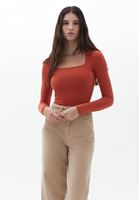 Women Orange Square Neck Tshirt with Long Sleeves