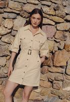 Women Beige Mini Dress with Belt Detail