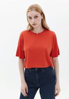 Women Red Cotton Crop Tshirt with Neckline Detail