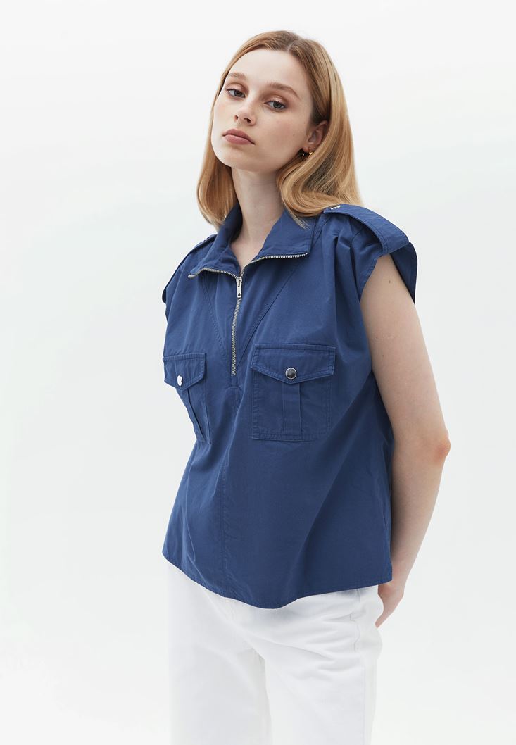 Women Blue Blouse with Zipper Detail